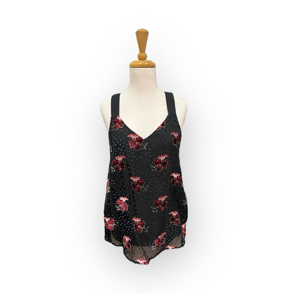 LOFT Black Floral Velvet Dot Top Size Xs Sleeveless
